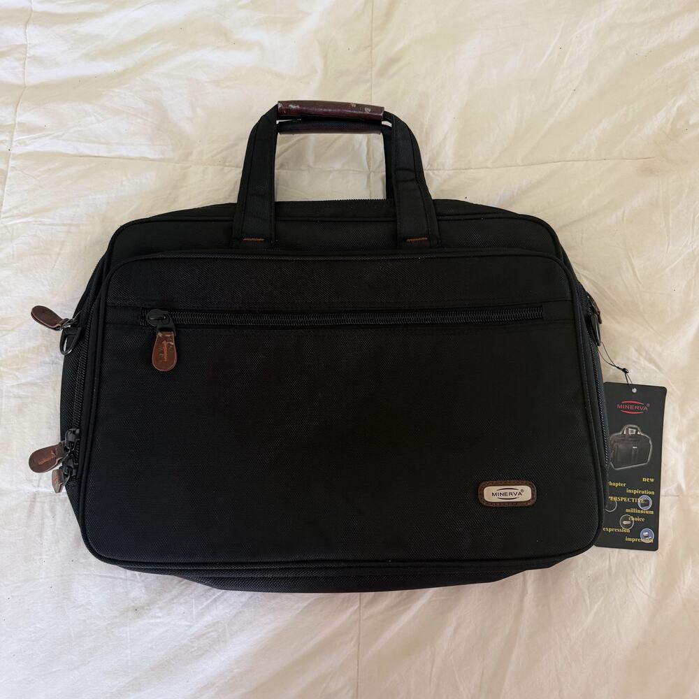NWT Minerva Black Laptop Briefcase Travel Bag Computer Shoulder Strap